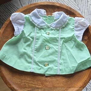 Vintage Green Rosette Lace Trim cotton candy dress 0/3/6 Mo 70s